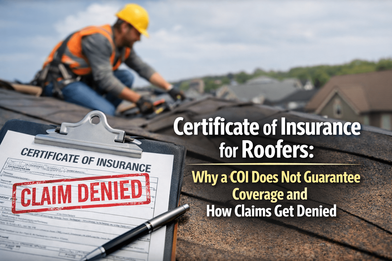 Certificate of insurance for roofers being reviewed with policy documents before a roofing job