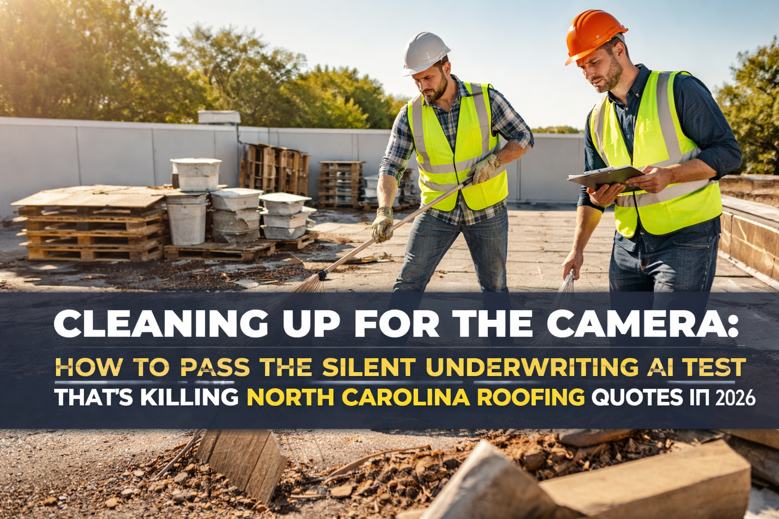 Silent underwriting for roofers showing a roofing contractor cleaning up a yard, roof, and property before an insurance submission