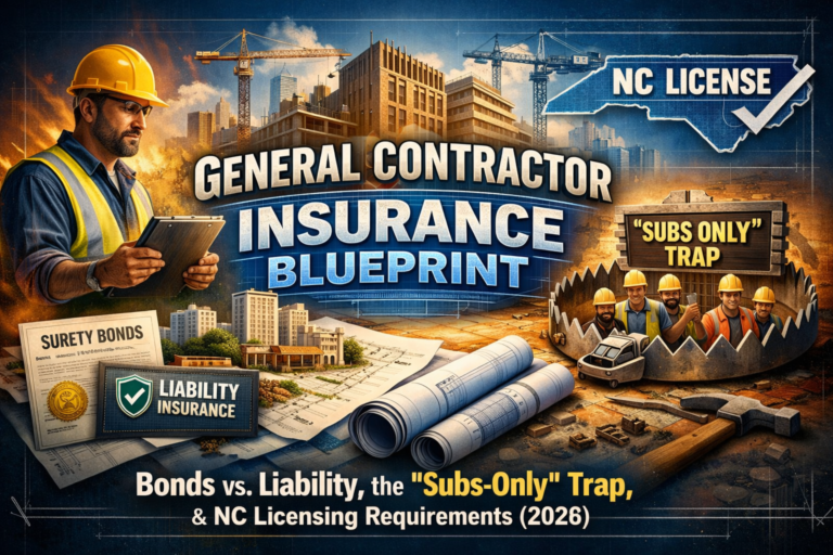 general contractor insurance North Carolina blueprint showing bonds, liability, subcontractor risk, and licensing requirements