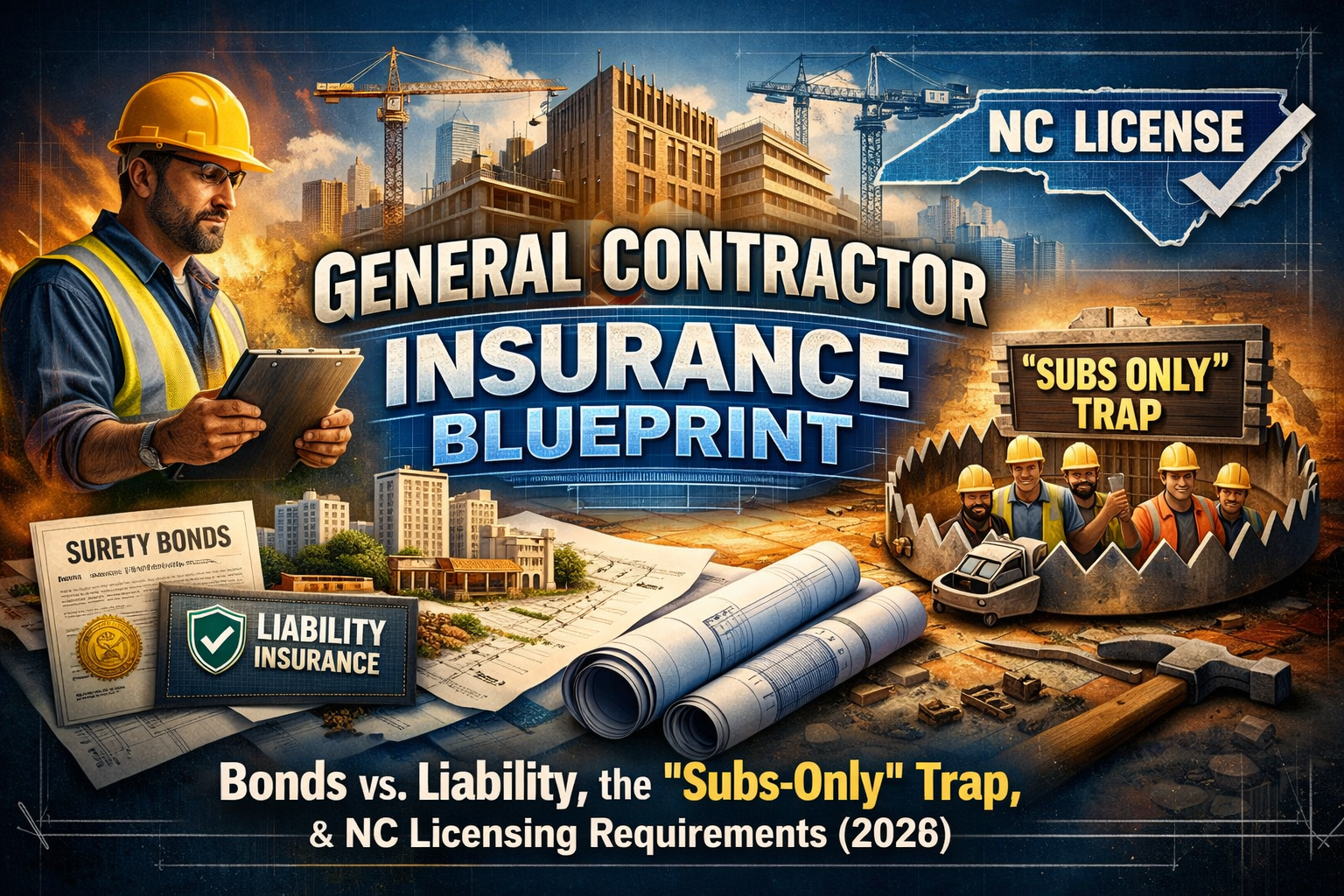 general contractor insurance North Carolina blueprint showing bonds, liability, subcontractor risk, and licensing requirements