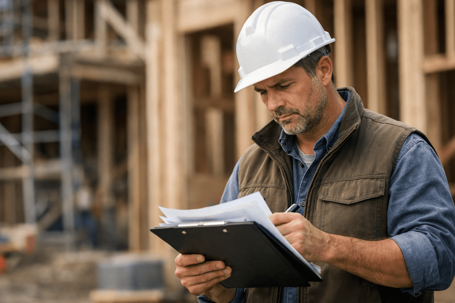 General contractor insurance checklist with jobsite paperwork, contracts, certificates, and coverage documents