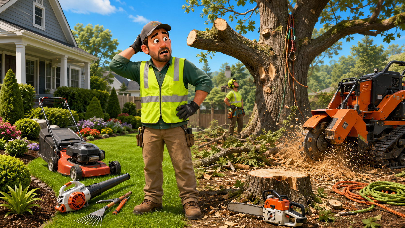 North Carolina landscaper reviewing tree work classification and insurance coverage for trimming, removal, and stump grinding