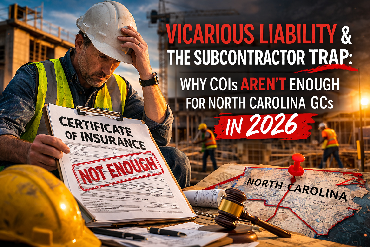 North Carolina general contractor reviewing subcontractor certificate of insurance and vicarious liability documents on a construction site