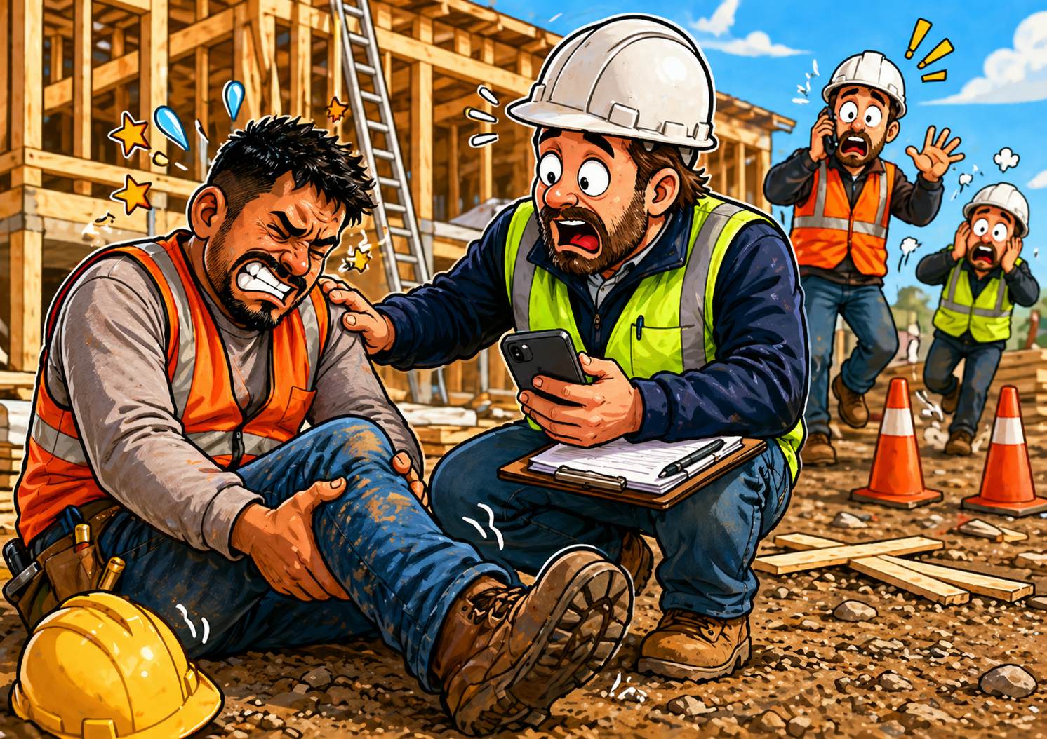 North Carolina jobsite injury workers comp first 48 hours scene with injured construction worker, supervisor, clipboard, and phone