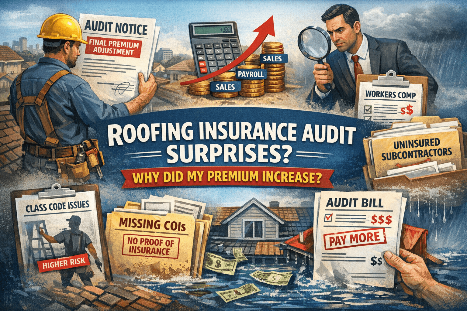 Roofing contractor reviewing payroll, subcontractor certificates, class codes, and a surprise insurance audit bill