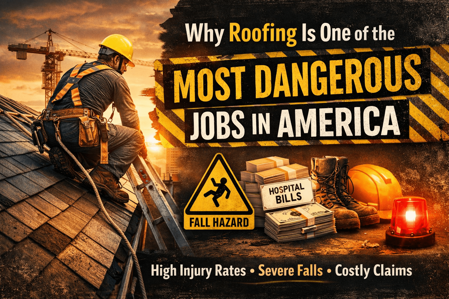 Roofing insurance North Carolina guide showing a roofer working at height with fall hazard and costly claim risks