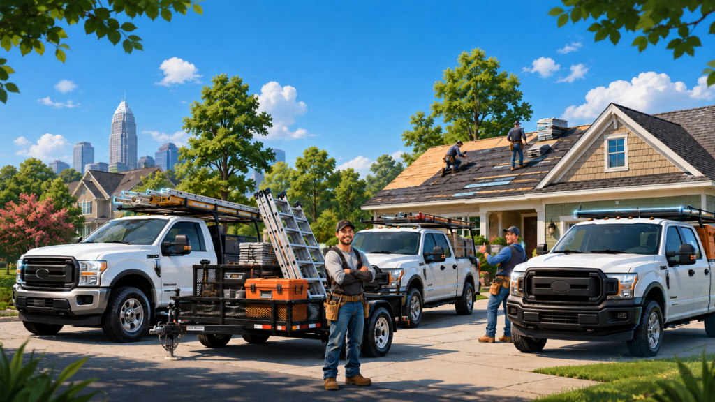 Slightly cartoony illustration of a North Carolina roofing crew with white work trucks, a utility trailer, ladders, and roofers working on a residential roof.