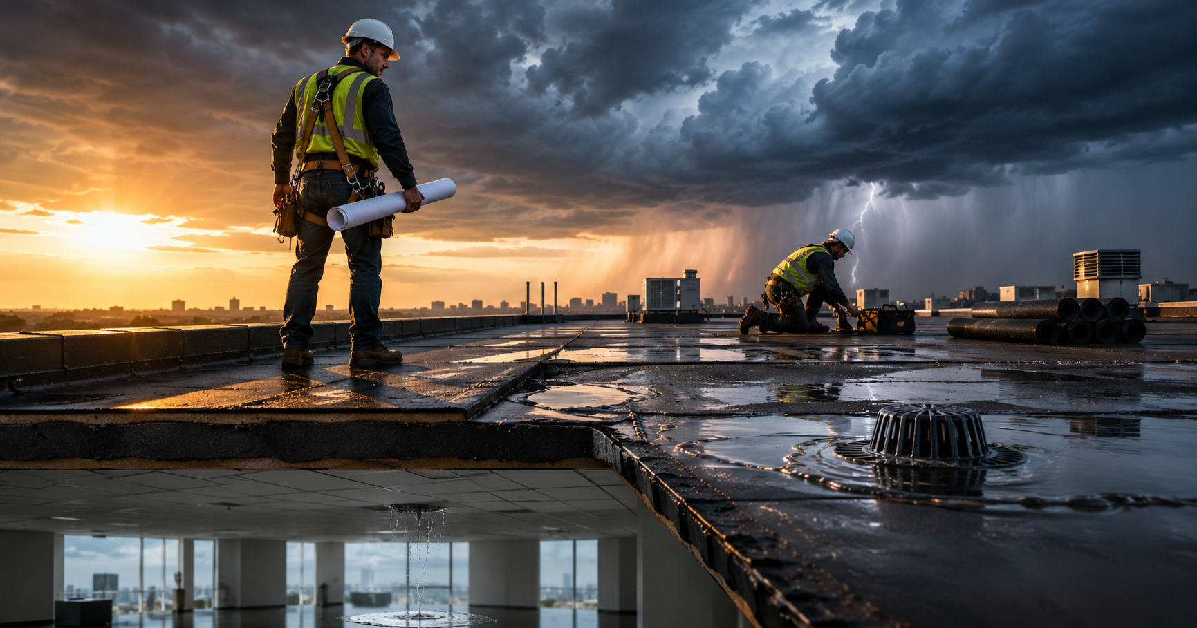 Commercial roofing contractors inspecting a flat roof with pooled water and interior leakage as a storm approaches