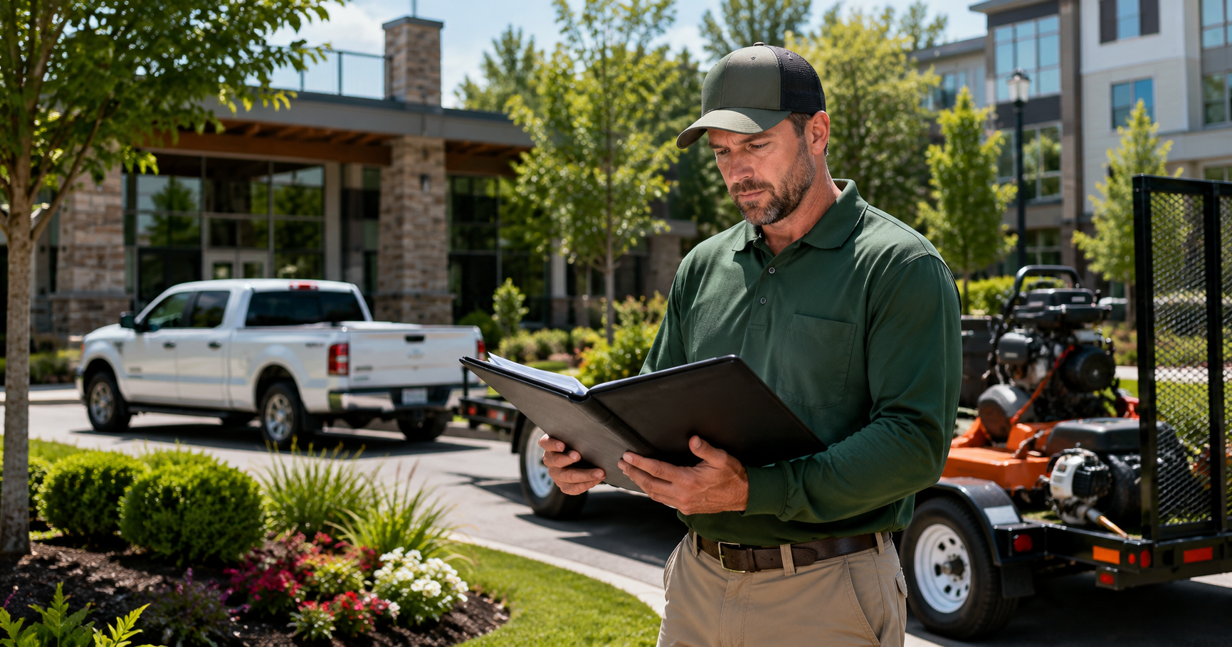 North Carolina landscaping contractor reviewing commercial contract insurance requirements beside a work truck and landscaping equipment