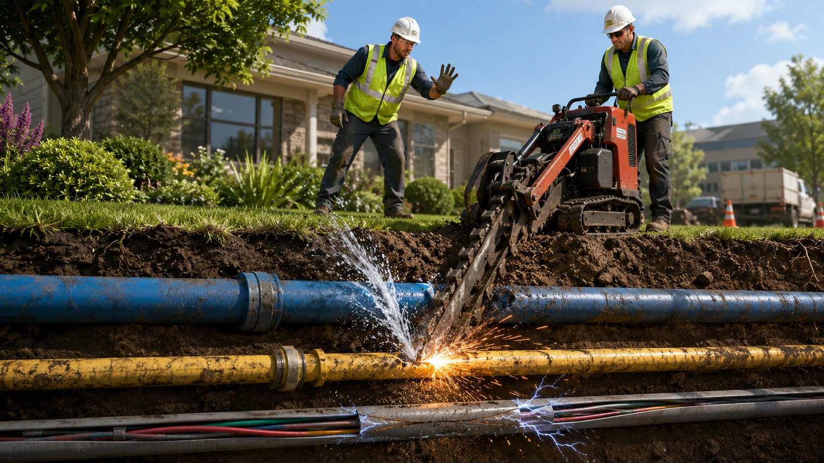 Landscaping crew accidentally striking underground water, gas, and utility lines while trenching in North Carolina