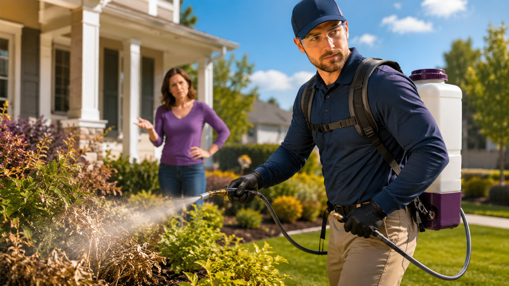Landscaping applicator spraying plants near a customer home to illustrate pesticide and herbicide liability insurance for landscapers