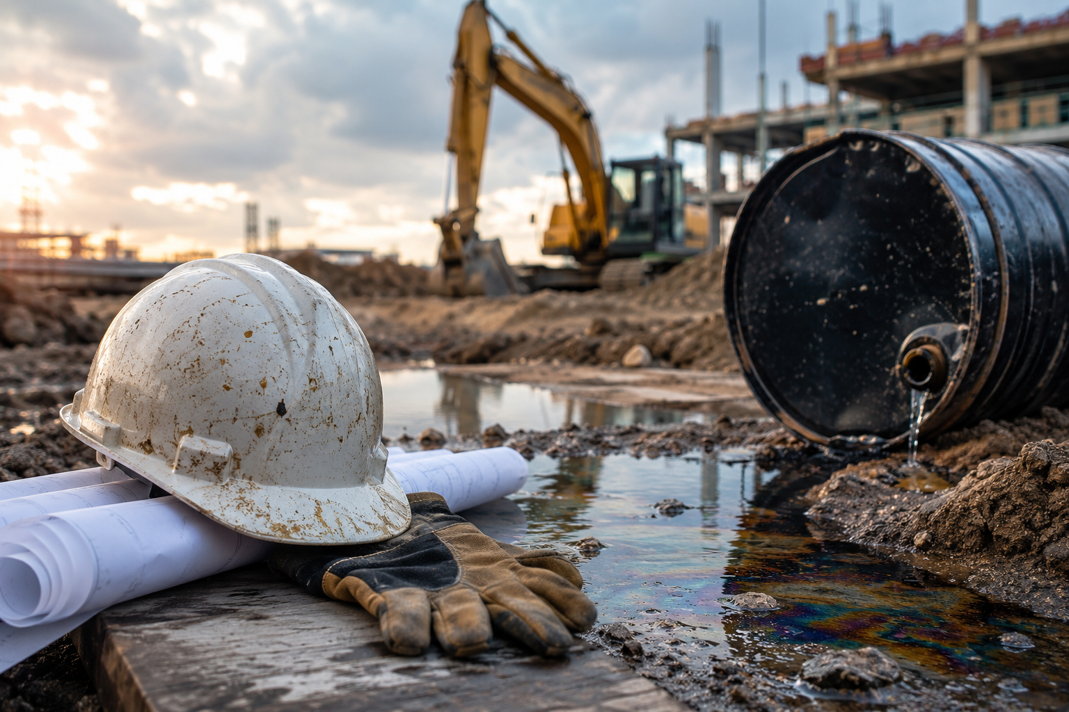 Construction site with leaking fuel drum, excavator, hard hat, and contaminated soil representing pollution liability risks for general contractors