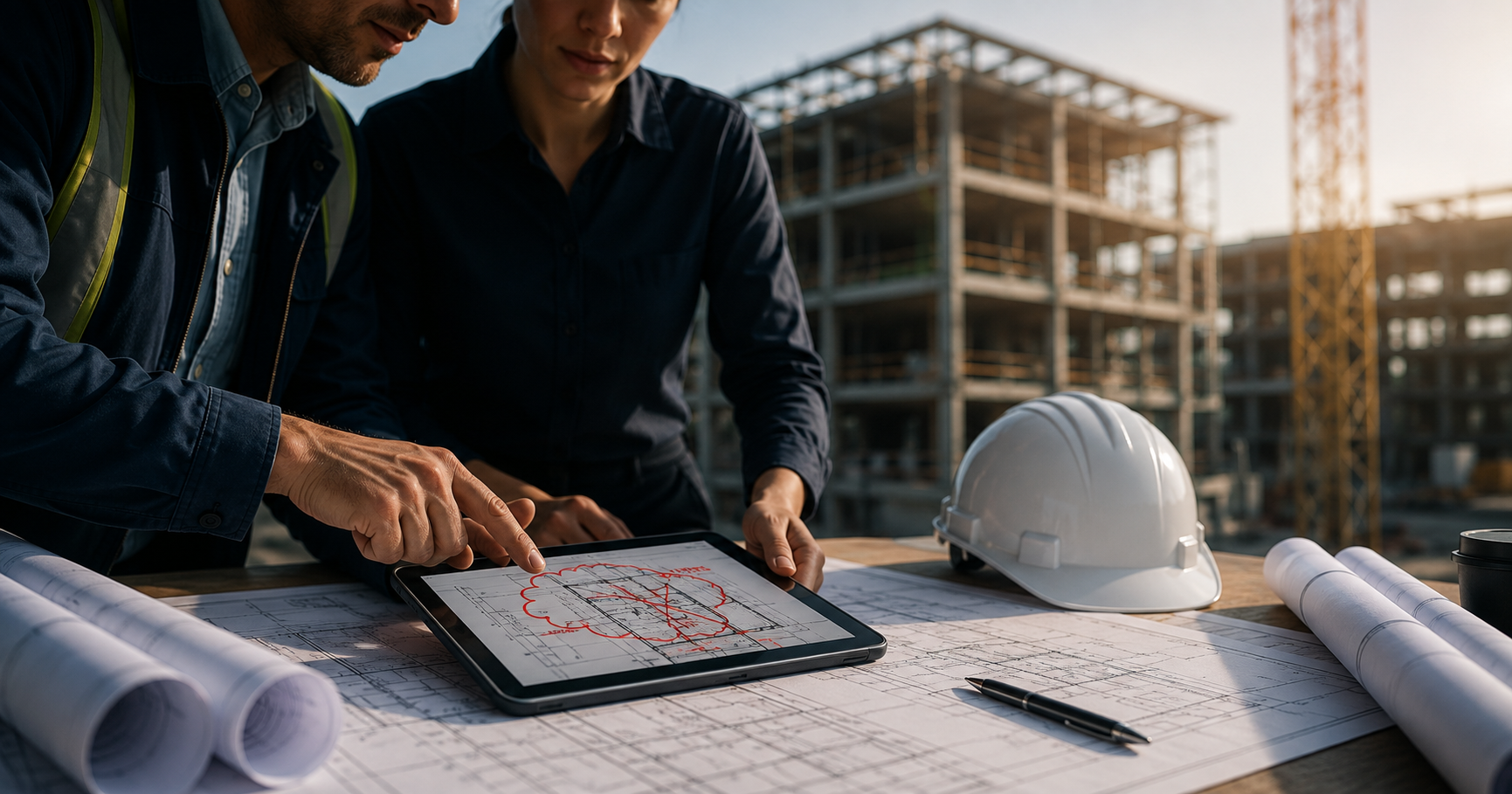 Design-build contractors reviewing construction plans and identifying a potential design error at a commercial jobsite