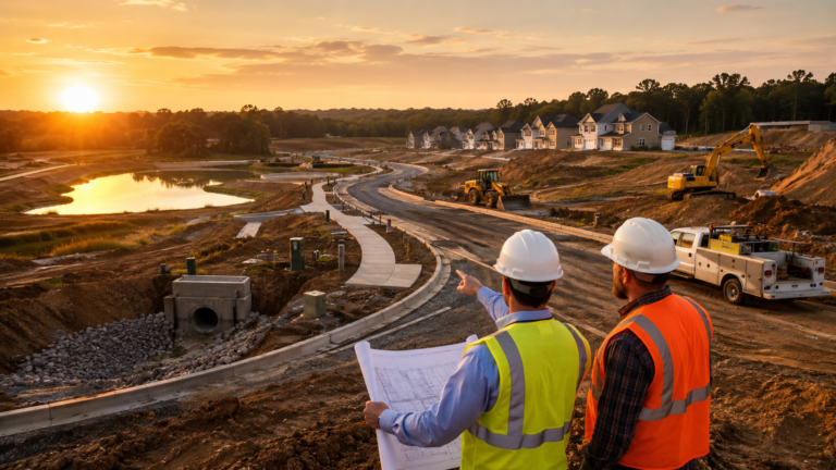 Residential subdivision development with roadwork, drainage infrastructure, heavy equipment, and contractors reviewing site plans at sunset