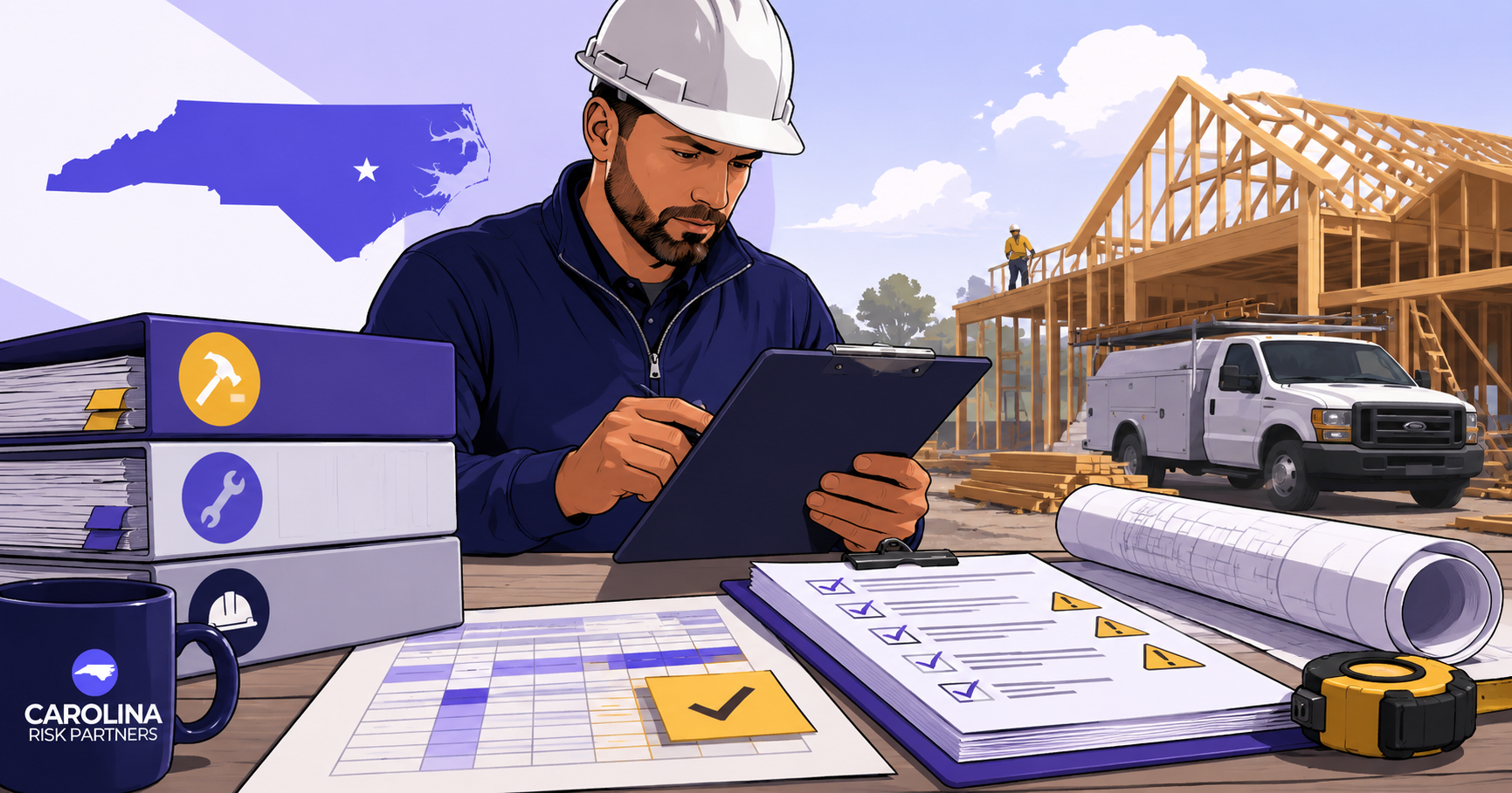 North Carolina contractor reviewing workers comp class codes, payroll records, and audit checklist at a construction site