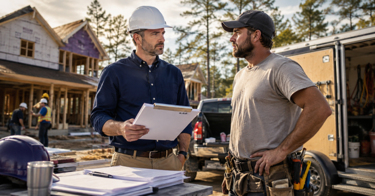 North Carolina contractor reviewing worker classification paperwork with a skilled construction worker at a jobsite