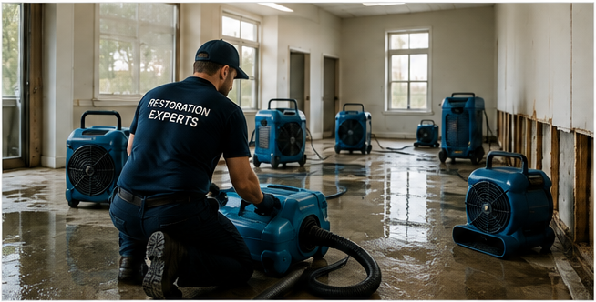 Restoration contractor mitigating water damage in a commercial property in North Carolina