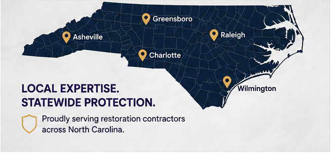 Map of North Carolina showing restoration contractor insurance service area