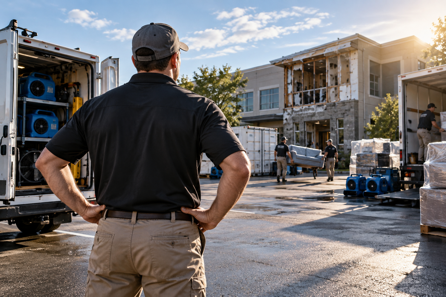 Growing restoration company with multiple crews, restoration equipment, service vehicles, packout activity and reconstruction work